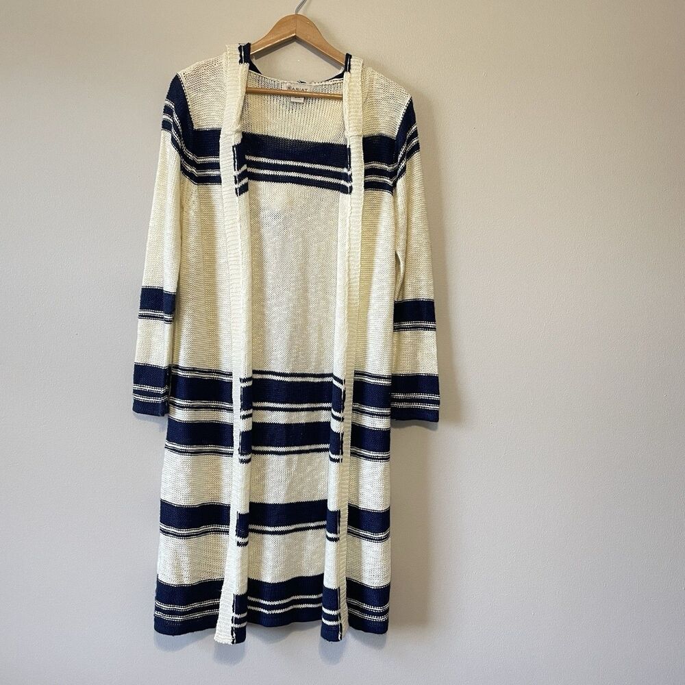 Ariat Duster Cardigan Knit Sweater M Navy Blue Cream Striped Hooded Open Front